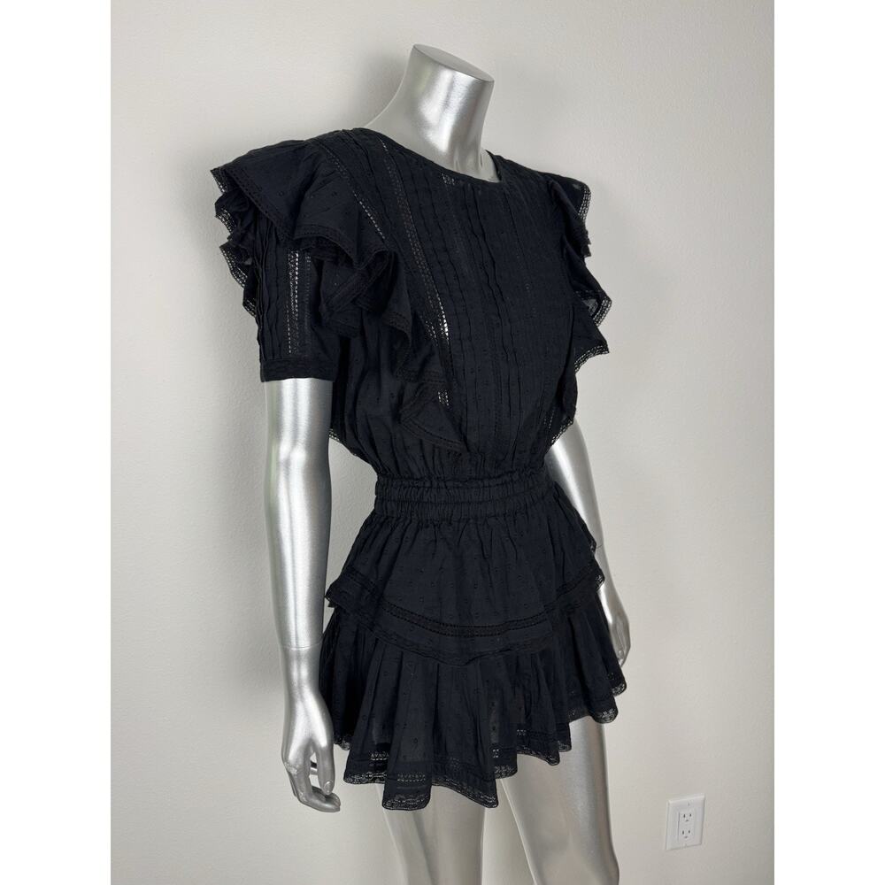 LoveShackFancy Mini Dress Womens XS Black Tiered Ruffle Elastic Waist Dainty